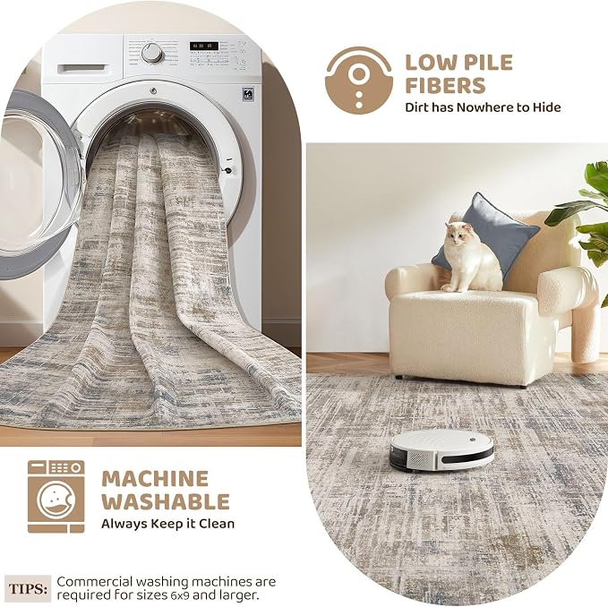 UERMEI 4x6 Washable Area Rug for Living Room: Modern Neutral Abstract Soft Low Pile Carpet Non-Slip Pet Kids Friendly Indoor Decor for Bedroom Dining Room Home Office Nursery Brown