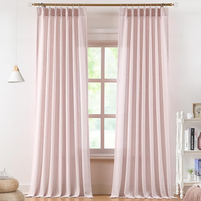 Vision Home Pink Pinch Pleated Light Filtering Curtains with Microfiber Liner 108 inch Linen Blended Textured Privacy Drapes for Living Room Girls Bedroom Back Tabs with Hooks 2 Panels 40" Wx108 L