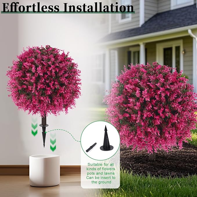 Artificial Pink Eucalyptus Topiary Ball Trees, 2 Set of 16'' UV Resistant Fake Evergreen Shrubs Bushes Plants with Ground Spike, Fake Plants for Outdoor Indoor Front Porch Garden