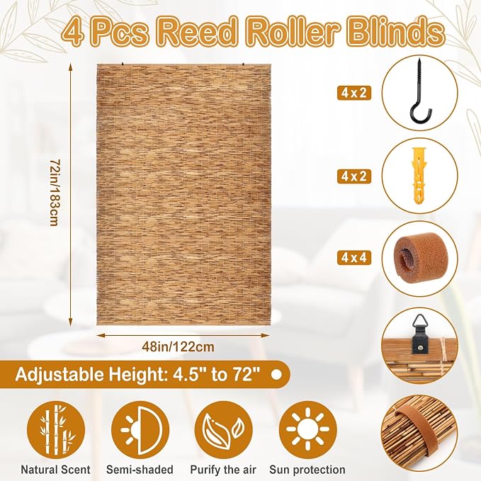 DoubleFill 4 Pcs Bamboo Shades Outdoor Reed Roll Up Blinds 48" W x 72" H Blackout Sunshade Cordless Bamboo Blinds for Home Porch, Patio & Windows Decor Shutters Sunlight Privacy Screen(Carbon Brown)