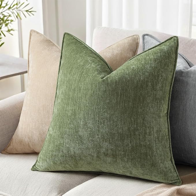 decorUhome Summer Couch Euro Sham Throw Pillow Covers 24x24 Set of 2, Decorative Soft Velvet Modern Cozy Chenille Pillow Cases with Elegant Design for Sofa Bed Living Room Home Decor, Olive Green