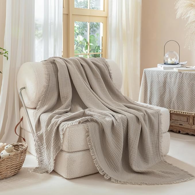 Muslin Fringe Blankets for Adults: 100% Cotton Cloud Soft | 4-Layer Gauze Breathable Lightweight All Season Throw Blanket for Bed Couch Sofa Office