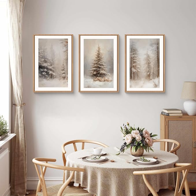 Vintage Christmas Tree Snowy Woodland Framed Canvas Wall Art Set,Modern Rustic Frosty Winter Landscape Wall Decor,Natural Snow Covered Pine Forest Artwork for Xmas Bedroom,Farmhouse-16 x24 x3