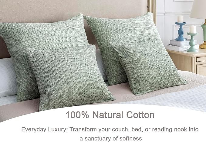 24x24 Pillow Covers Set of 2 Euro Sham Pillow Covers Cotton Euro Pillow Shams, Boho Throw Pillow Covers Large Decorative Square Pillowcase for Couch Bed, Sage Green