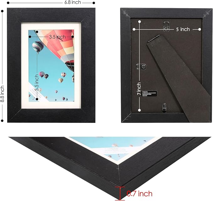 The Display Guys - Black Wooden Minimalist Picture Frames Set - Tempered Glass - 5x7 matted to 4x6 - Tabletop Easel - 6-Pack