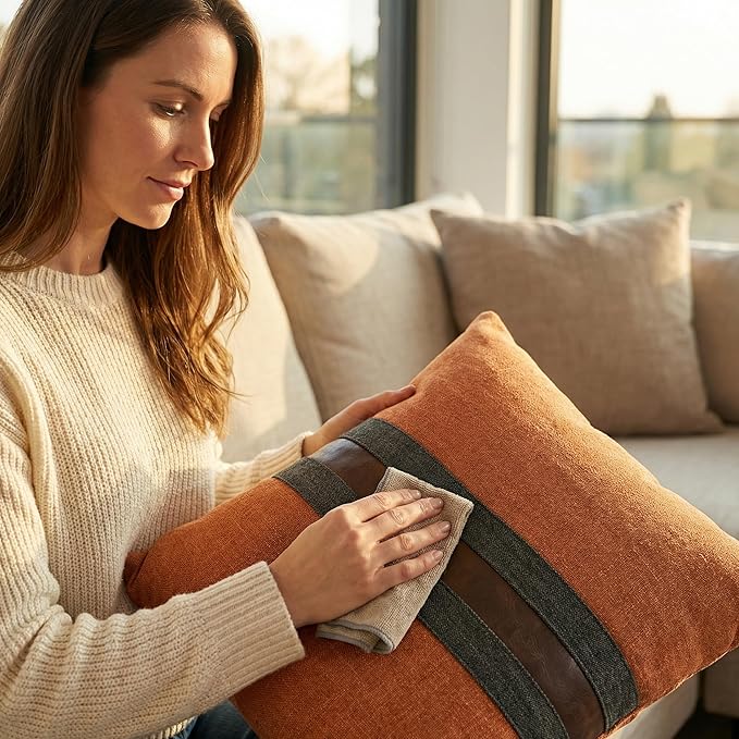 BOYSUM Set of 2 Leather Throw Pillow Covers Cotton Linen Decor Patchwork Pillow Cover Faux Leather Pillows Cover for Couch Sofa Living Room Bedroom,Orange 18"x18"