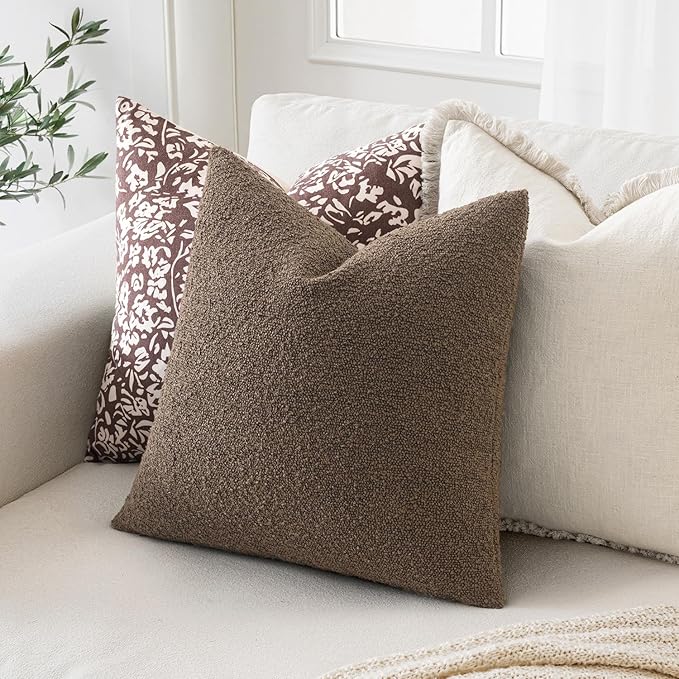 MIULEE 20x20 Inch Decorative Pillow Covers for Couch Bed Set of 2 Textured Boucle Neutral Throw Pillow Covers Dark Brown Accent Solid Vintage Pillowcases Sofa Living Room Home Decor