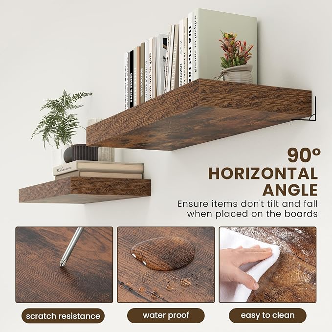 FLYJOE 30 Inch Floating Shelves | 12 Inch Deep Brown Floating Shelves | 30" W x 12" D Rustic Wood Shelves for Wall | Deep Brown Shelves for Living Room Bathroom Laundry Room Kitchen