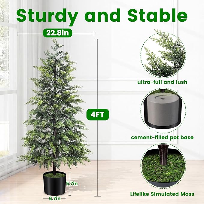 ENVEN Outdoor Artificial Topiary Cedar Tree Real Touch Faux Pine Evergreen Shrub Plant UV Resistant Greenery Tree with Pot Realistic Cypress Front Porch Decor (4FT-2Pack)