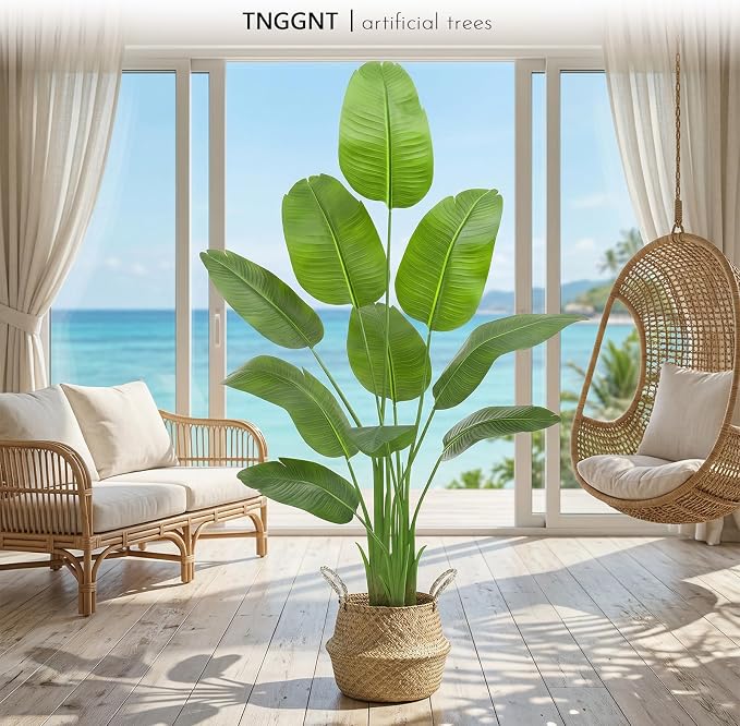 Artificial Bird of Paradise Plant: 6FT Faux Traveler's Palm Fake Banana Tree Elephant Ear Leaf Tall Silk Floor Plant in White Pot for Home Decor Indoor Office Entryway Balcony Patio Cafe Hotel
