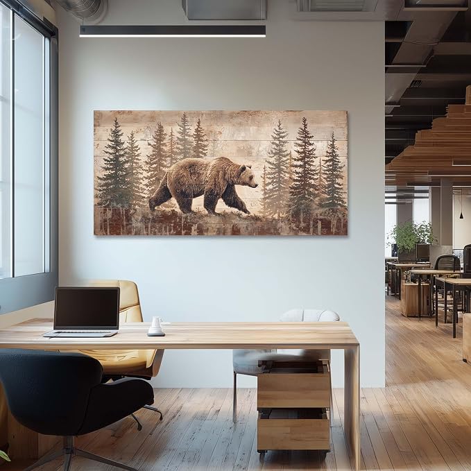 Ggaafet Brown Bear Forest Wall Art for Bedroom Canvas Painting Prints Retro Wood Rustic Wildlife Art Deco Vintage Nature Artwork Office Farmhouse Dining Room Decor