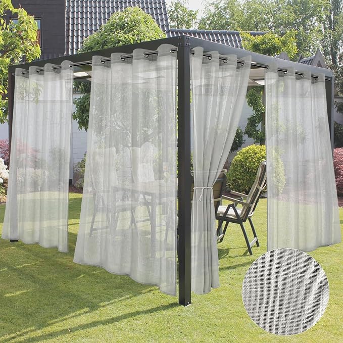 HolidayIdeas 4 Panels Outdoor Sheer Curtains for Patio Waterproof-Grey Linen Semi Voile Indoor Sheer Curtains, Light Filtering Privacy Drapes for Living Room, Gazebo, Porch, Balcony, Pool 54"x84"