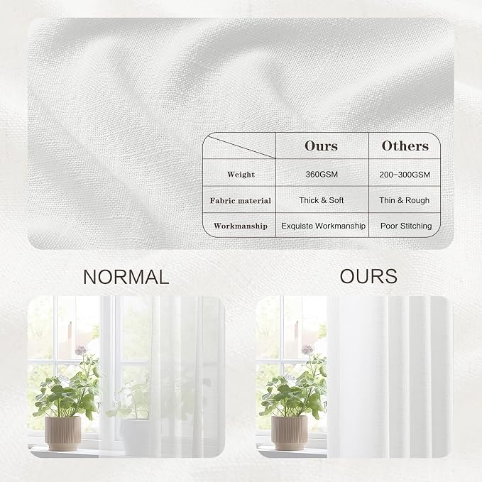 White Pinch Pleated Linen Curtains 96 Inches Long for Living Room, Light Filtering Pleat Drapes Textured Thick Ceiling Semi-Sheer Window Curtain with Hooks for Farmhouse Bedroom Balcony, 2 Panels
