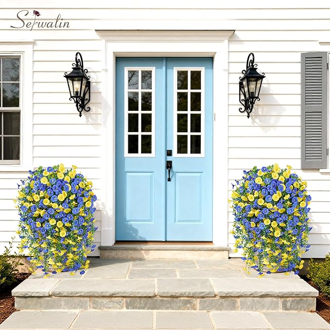 Serwalin Artificial Hanging Flowers for Outdoors UV Resistant, 8PCS Faux Morning Glory Fake Outdoor Flowers Realistic Silk Flower Faux Plants for Outside Planter Front Door Porch Patio Yard Decor