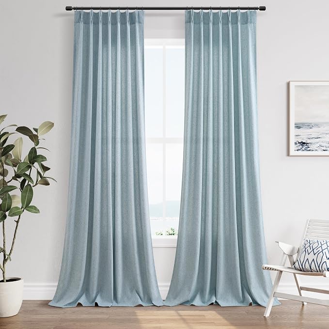 Guken Light Blue Pinch Pleated Linen Curtains 102 Inches Long 2 Panels for Living Room Bedroom Farmhouse Modern Back Tab Privacy Light Filtering Semi Sheer Pinch Pleat Drapes with Hooks Rings 40x102