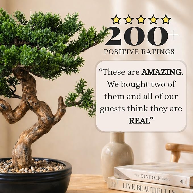 Artificial Bonsai Tree 16" Tall with Realistic Wood and Ceramic Pot, Fake Plants for Home, Bedroom and Office Desk, Japanese Decor