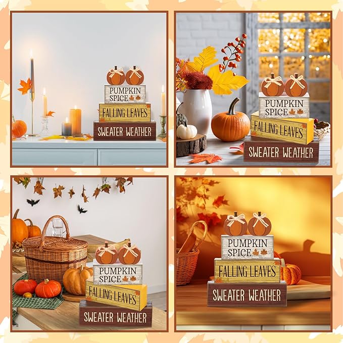 Lineshading 4 Pcs Thanksgiving Pumpkin Decor Fall Table Decoration Fall Tiered Tray Decor Thanksgiving Centerpiece Rustic Decorative Pumpkin Block Sign Gift Farmhouse Autumn Table Sign for Home