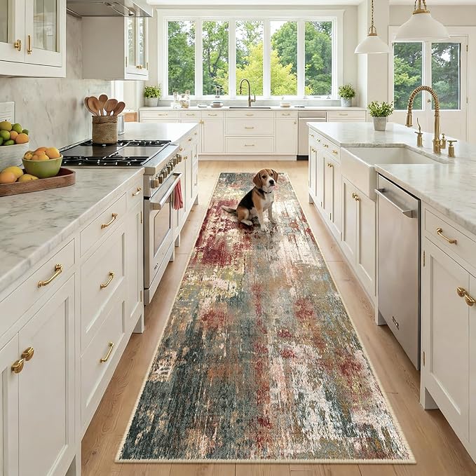 RELEANY Washable Area Rugs 2'6''x10 Non-Slip Modern Abstract Soft for Living Room Entryway Bedroom Nursery, Print Pattern, Brown Rust Red Green Blue Multi