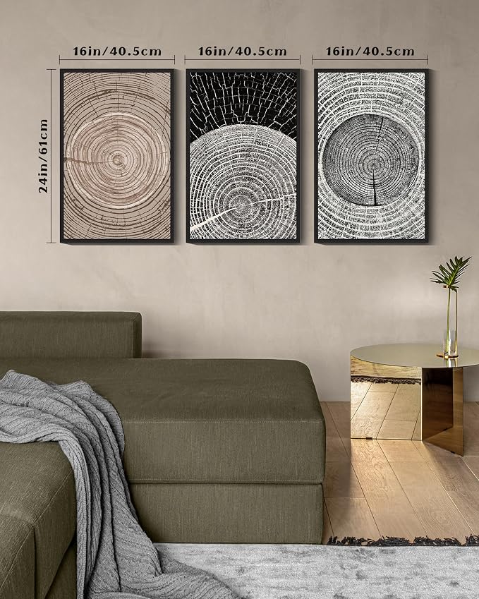 PHOPAGO Vintage Wood Tree Rings Wall Art Large 16x24in Farmhouse Rustic Framed Canvas Paintings Living Room Bedroom Decor Nature Artwork Black Framed