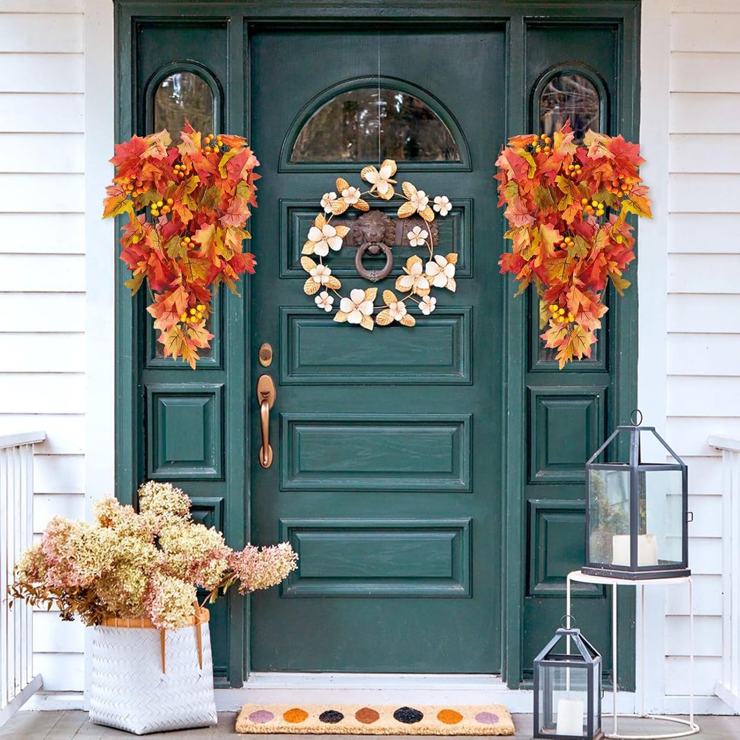 RECUTMS Fall Leaves Hanging Plant Artificial Fall Leaves Garland with Berry Fake Autumn Wall Hanging Leaf Vines for Home Halloween Party Door Frame Fireplace Decoration(Orange with Berry)