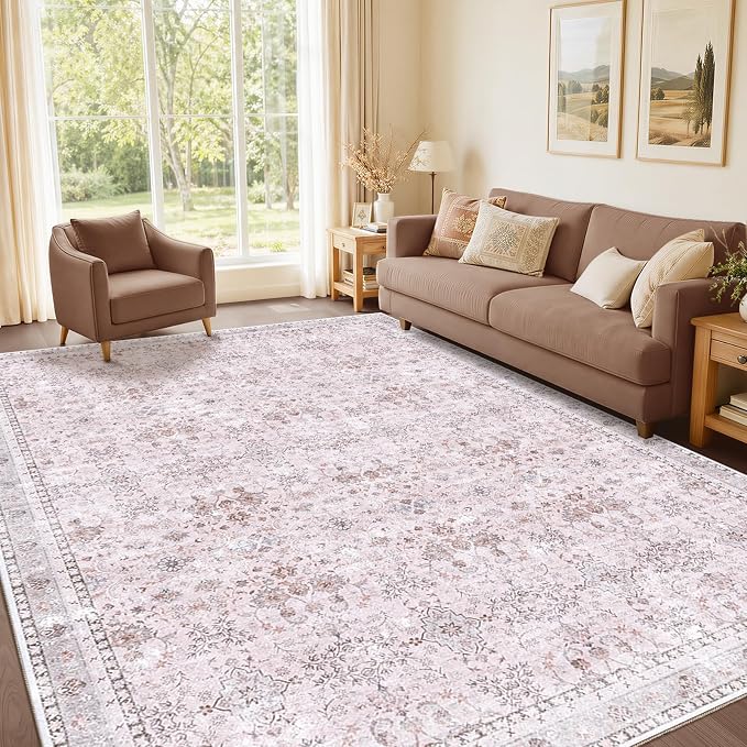 Sasttie 6x9 Area Rugs, Ultra-Soft Washable Rug, Low Pile Foldable Thin Carpets with Non-Slip Backing, Skin-Friendly Stain Resistant Carpet for Living Room, Bedroom, Kitchen, Dorm, 6x9, Pink