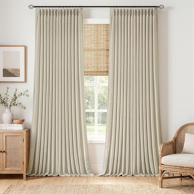 MIULEE Pinch Pleated Thick Linen Curtains 108 Inches Length 2 Panels for Living Room Bedroom, Beige Extra Long Pinch Pleat Drapes Back Tab Light Filtering Foor to Ceiling Curtains with Hooks&Rings