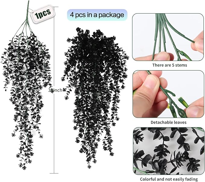 SJL Artificial Hanging Plant Pack of 4 Small Faux Hanging Plants Indoor Plastic Leavse Flower Hang Ferns Artificial Plants Eucalyptus Faux Ivy Flowers Decor for Outdoor Room (Black)