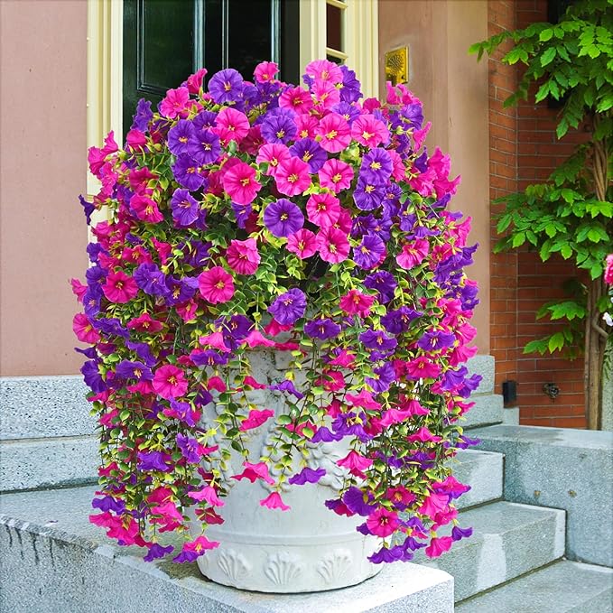 Dolicer 8 Packs Look Real Artificial Flowers for Outdoors, Fake Artificial Hanging Flowers for Outdoors Realistic UV Resistant Hanging Flowers Silk Petunia Faux Flowers for Porch Patio(Purple+Fuchsia)