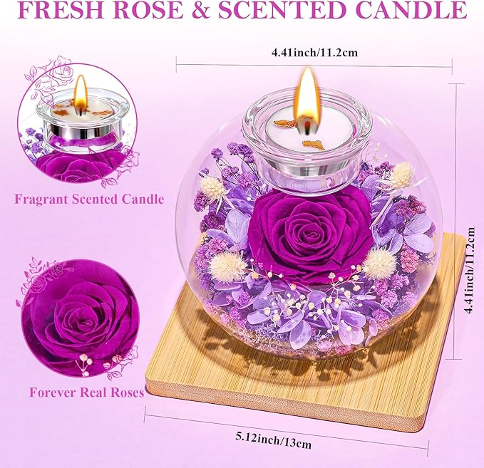 Mothers Day Rose Gifts for Mom Birthday Gift for Women Preserved Rose in Glass Dome with 2 Fragrances Eternal Purple Roses Forever Flowers for Delivery Mothers Day Flower Gifts for Mom Grandma Wife