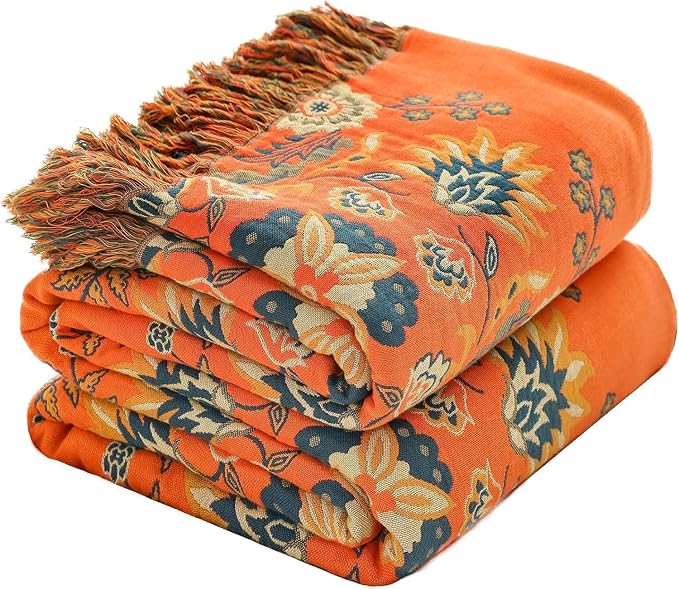 King Throw Blanket for Bed Couch,100% Organic Cotton Reversible Soft Quilt, Orange Floral Breathable Lightweight Muslin Blankets,90"×108" Extra Large Sofa Throws for 3 4 Seater with Tassels,Orange