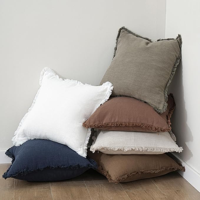 Foindtower Set of 2 Decorative Linen Fringe Throw Pillow Covers Cozy Boho Farmhouse Cushion Cover with Tassels Soft Accent Pillowcase for Couch Sofa Bed Living Room Home Decor,22×22 Inch,White