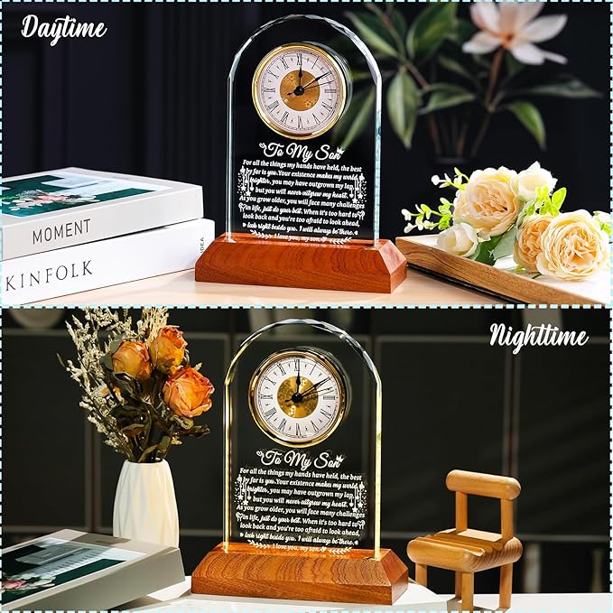 Arikyrist Meaningful Glass Clock Gifts for Son from Mom Dad Graduation with Wooden Light Base I Love You Personalised Glass Plaque Presents for Best Son Birthday Keepsakes for Him Table Decor