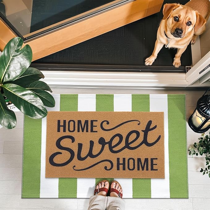 OLANLY Green and White Striped Rug 2' x 4'3" (24" x 51") – Washable Cotton Indoor Outdoor Doormat for Front Door, Entryway, Kitchen, Porch, Patio Decor