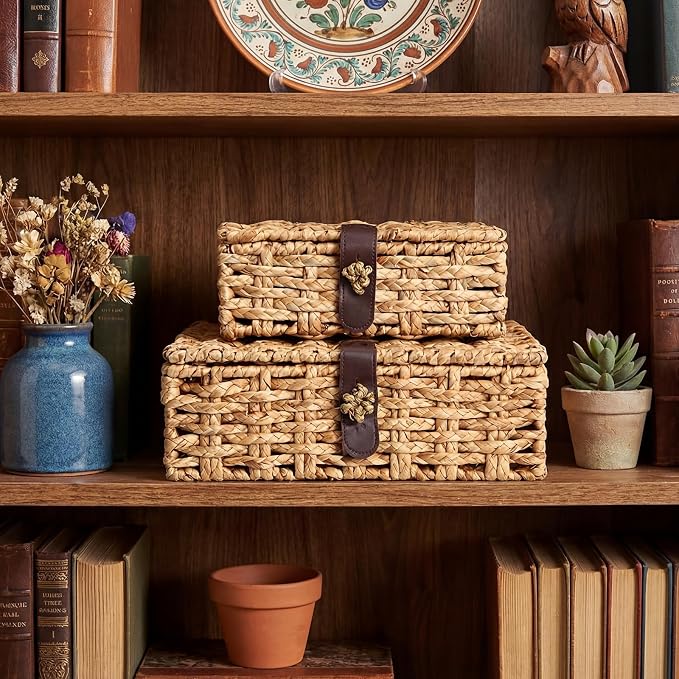 Novabright 2 Pcs Seagrass Storage Basket Box with Lid Decorative Box Storage Basket with Lid Rectangular Woven Shelf Baskets Bins for Table Home Decor Organize, 14.7 x 11 x 5 & 11 x 8 x 4 Inch