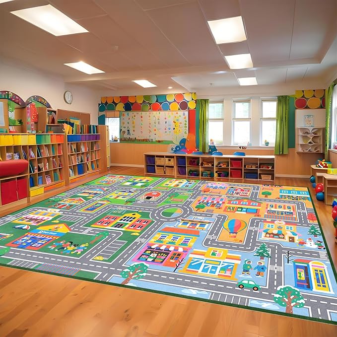Car Rugs for Bedroom 8x10 Feet, City Life Car Road Rug Educational Learning Traffic Kids Room Rug Decorate Nursery Toddler Classroom Preschool Living Room Playroom