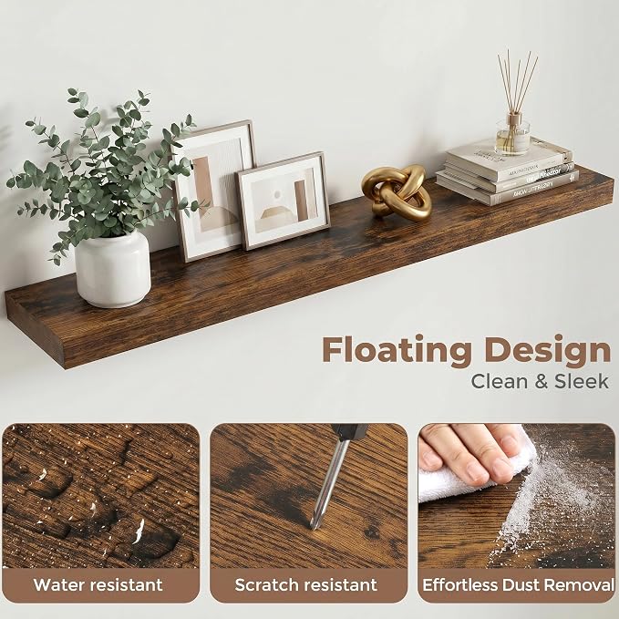 48 Inch Floating Shelves for Wall, 8"D Wood Storage Shelves, Brown Finish | Engineered Wood, Invisible Bracket, Large Storage, Easy Install, Hold Up to 77lbs, Living Room, Bathroom, Bedroom, Kitchen