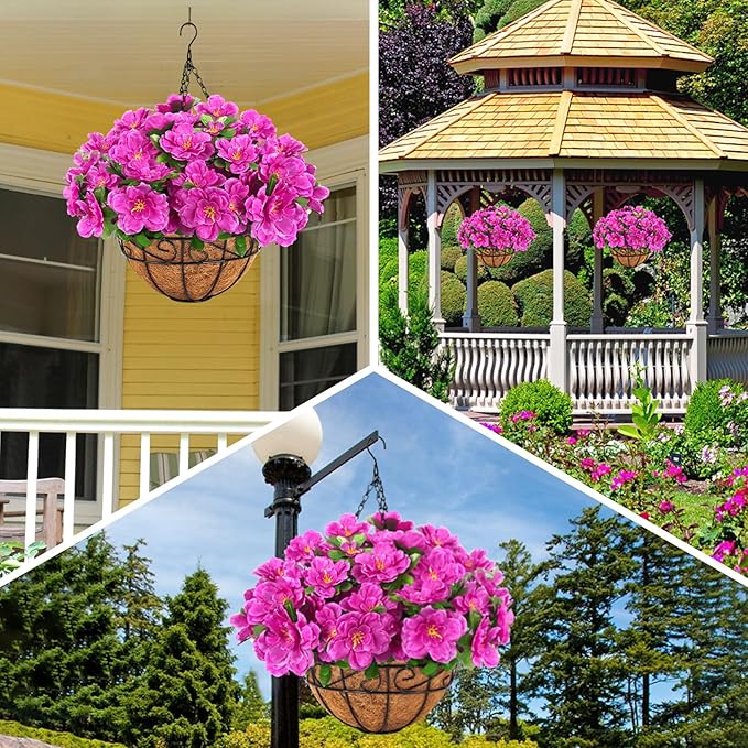 Ouddy Decor Artificial Hanging Flowers with Basket, Silk Azalea Flowers in Coconut Basket, Fake Hanging Plants Artificial Decor for Outdoor Indoor Yard Garden Patio Home Room Porch Decor (Fuchsia)