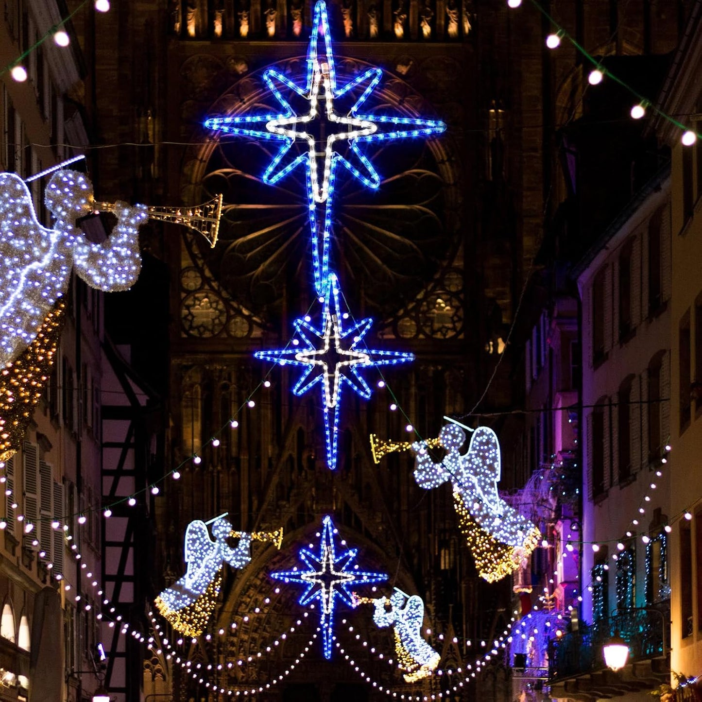 28" Christmas Star of Bethlehem LED Star Hanging Lights Nativity Holy Family Light for Door Window Porch Wall Decoration Plug Operated Lighted Hanging Tree Topper(Blue, White)