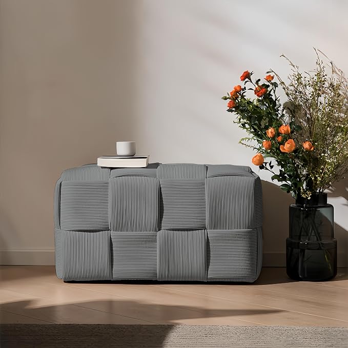 Cmishe 28" Rectangular Woven Corduroy Ottoman Footrest - Large Modern Entryway Bench & Bed End Stool, Sturdy Wood Frame, No Assembly (Grey-L)