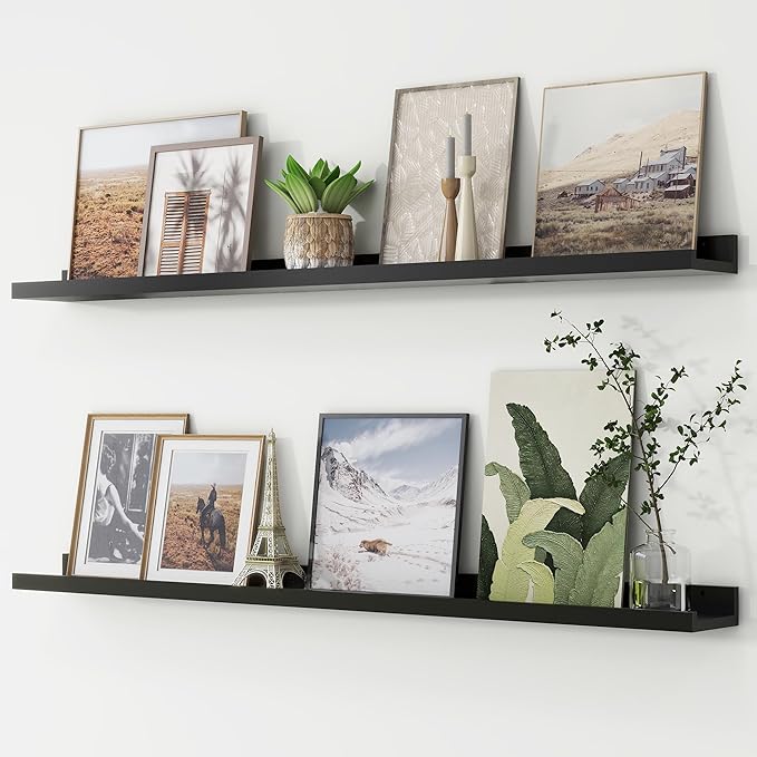 FLYJOE Picture Ledge Shelf, Floating Shelves Set of 2, 48 Inches Long Large Nursery Book Shelves for Toys Storage, Kids Bookshelf Wall Mounted for Living Room Bedroom Decor Books Photo Frames, Black