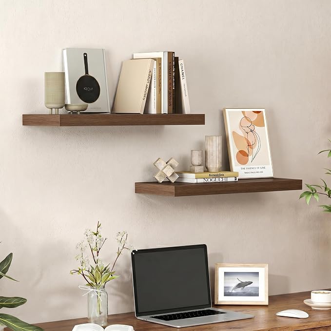 Heimlove 24 Inch Floating Shelves for Wall Walnut Shelves Set of 2,Wall Mounted Rustic Wood 9.3 Inch Deep Floating Shelf with Invisible Brackets for Bedroom Kitchen Living Room