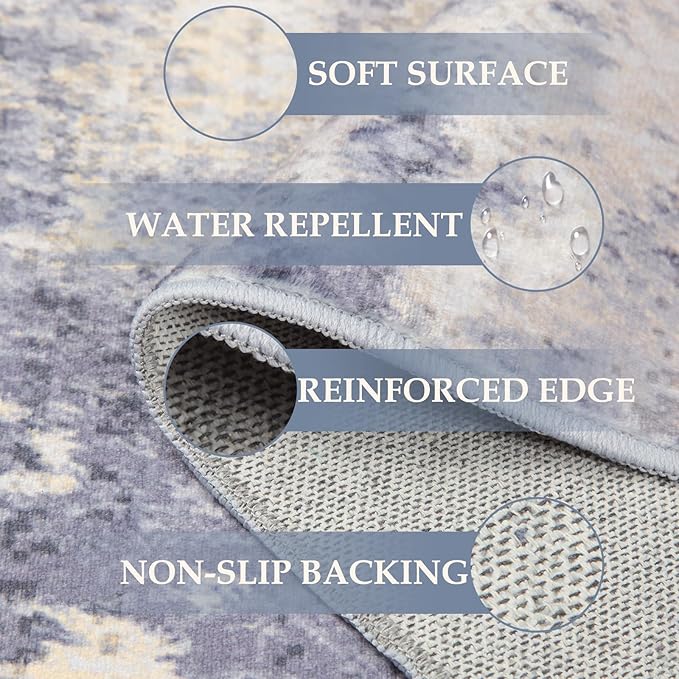 RELEANY Washable Area Rugs 9'x12' Non-Slip Modern Abstract Soft for Living Room Entryway Bedroom Nursery, Print Pattern, Purple Grey Cream Yellow
