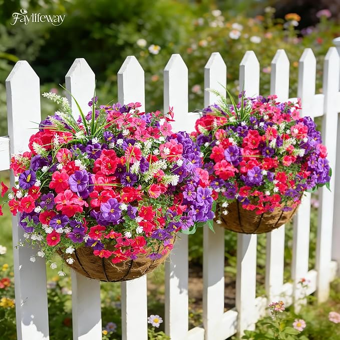 16 Bundles Artificial Flowers for Outdoors, UV Resistant Silk Faux Flowers for Outside Planters,Garden,Porch,Patio,Yard,Home Decor(Purple&Hot Pink)