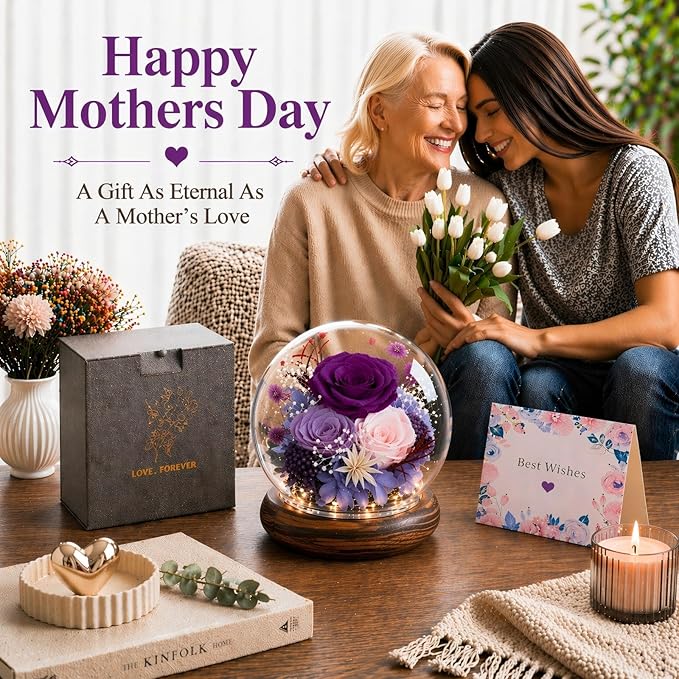 FIACO Mothers Day Flowers Gifts for Mom Flowers for Delivery Prime Birthday Gifts for Women Grandma Gifts Forever Preserved Fresh Eternal Rose in Glass Dome for Girlfriend Wife Her
