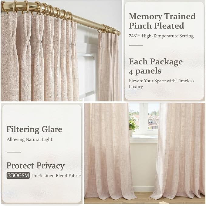 Linen Pinch Pleated Semi Sheer 96 Inch Curtains for Living Room 4 Panels Set, Memory Trained Pleat Light Filtering Privacy Country Viral Curtain 8FT Length Bedroom Heavy Window Drapes with Back Tab