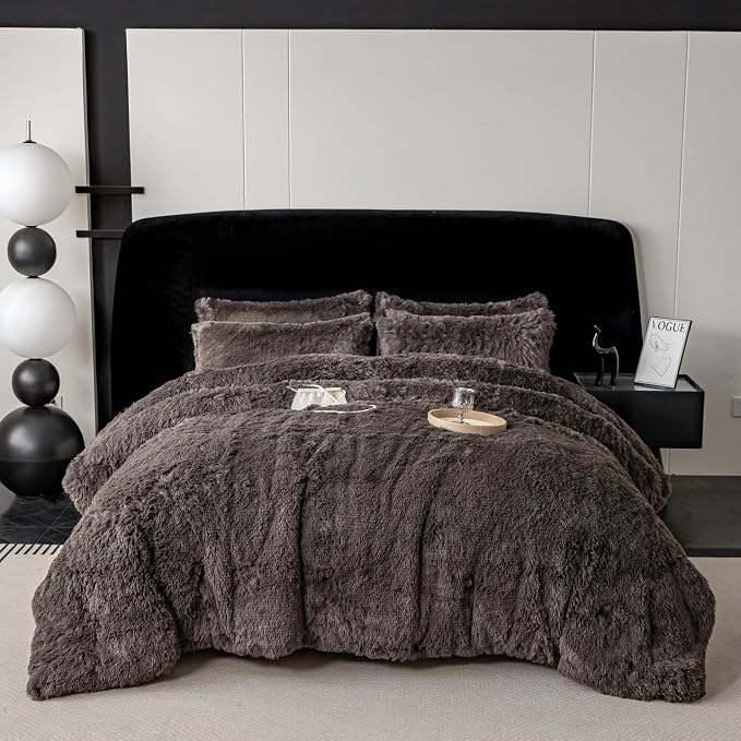 chovy Faux Fur Plush Gray Comforter Sets Full/Queen - Ultra Soft Shaggy Flannel Velvet Fluffy Fuzzy 3PC Bedding Set (Comforter x 1 Pillowcases x 2)
