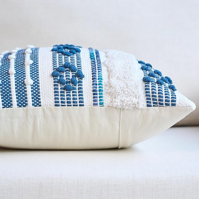 DEZENE Handmade Decorative Pillow Cover Boho Accent Woven Textured Square Throw Pillow Case for Couch Sofa Farmhouse Living Room Home Decor 18"x18" Navy Blue