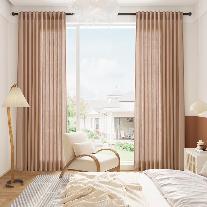 Nanspring Peach Linen Curtains 96 Inches Long Set for Baby Girl Bedroom Back Tab Rod Pocket Semi Sheer Light Filtering Drape for Bedroom Home Decor Protect Privacy 52x96,2 Panels