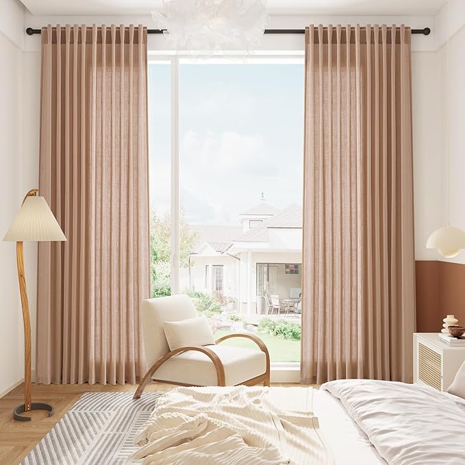 Peach Linen Curtains 90 Inch Long 2 Panels for Girl Bedroom Soft Linen Textured Window Drapes Semi Sheer Light Filtering Rod Pocket Back Tab Farmhouse Curtain Soft Vibrant Living Room 52x90