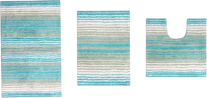 Home Weavers 100% Cotton Gradiation Collection Bathroom Décor, Washable Rug, Bathroom Mat, Kitchen Mat, Bathroom Rug Set, Bath Mat Set, Bath Floor Mat Non Slip, 3 Piece Set with Contour, Turquoise